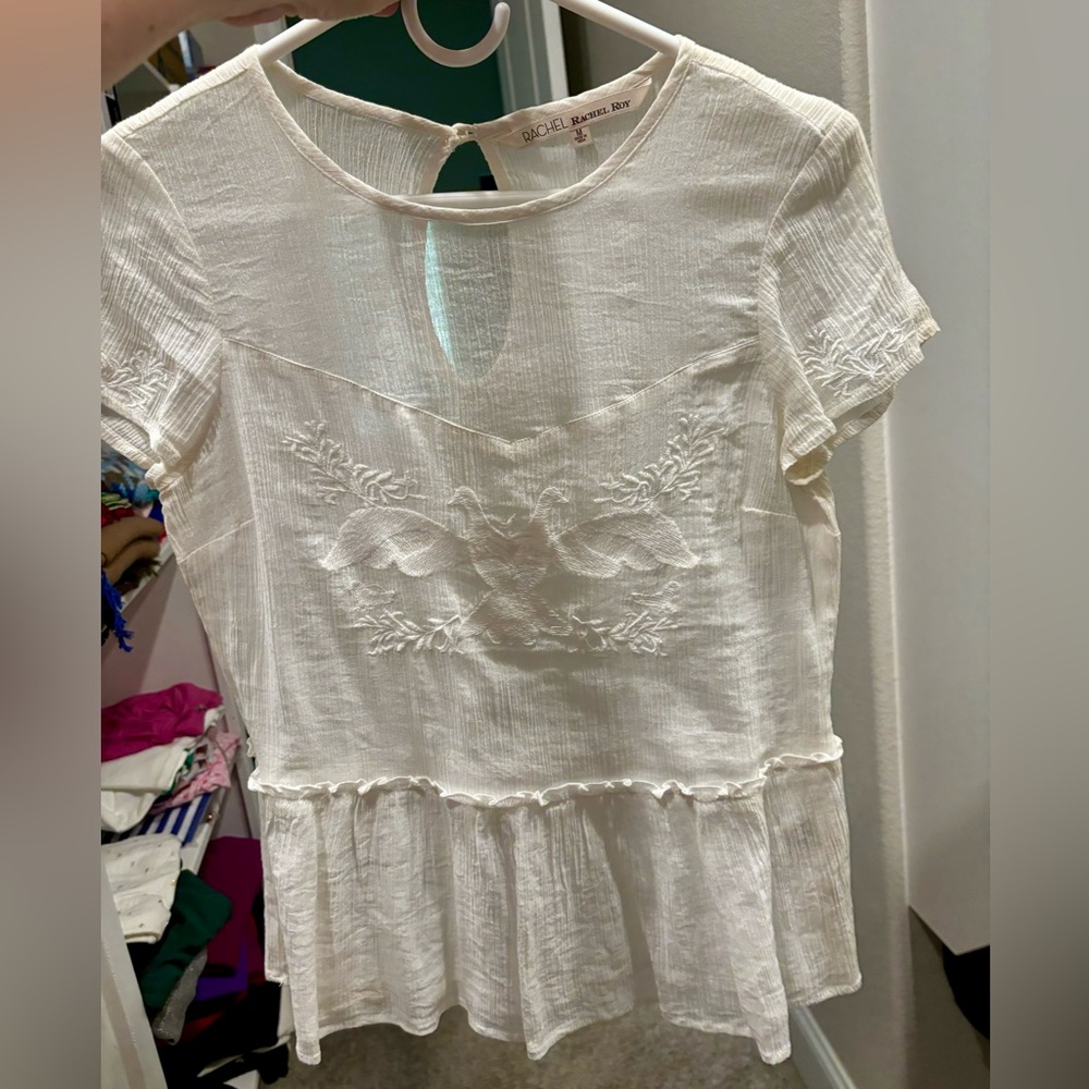 Rachel Roy short sleeve white blouse with doves